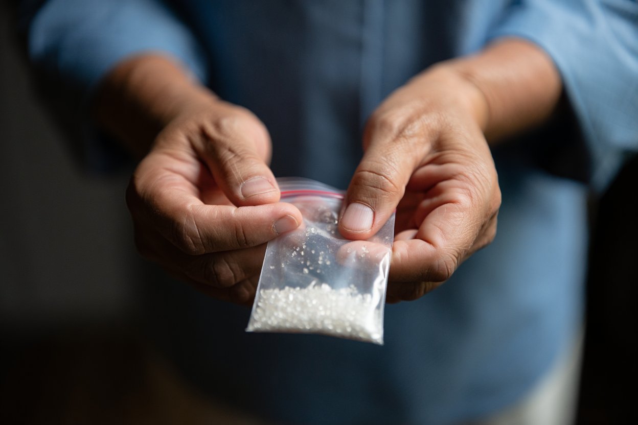 Мужчина показывает пакетик к кристаллами