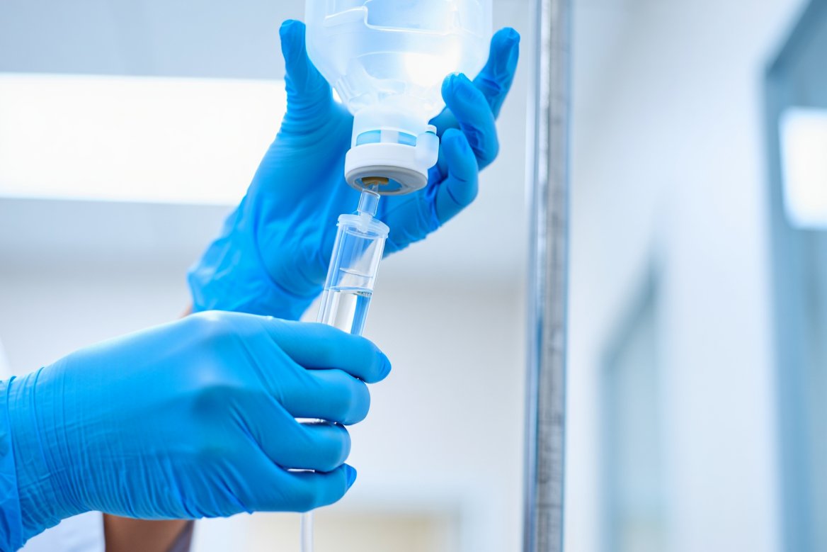 Врач настраивает капельницу